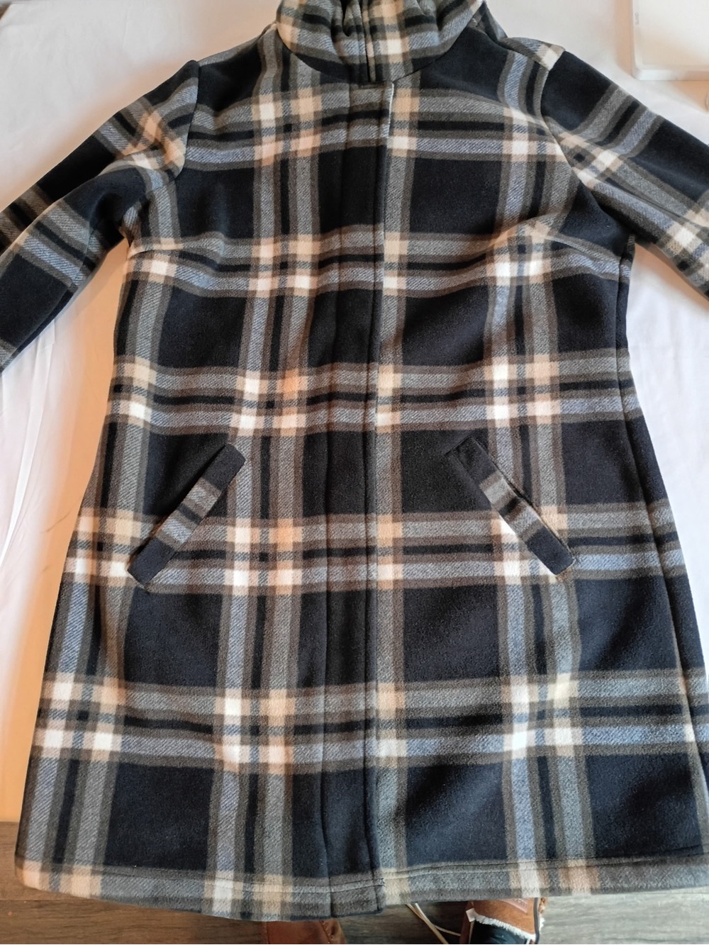 Denim&Co Black, Gray & Cream Plaid Trench Coat